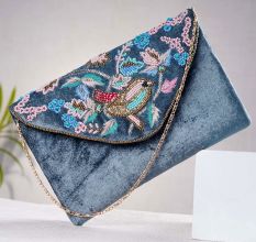 Grey Beaded Cotton Bird Design Sling Bag For Women 